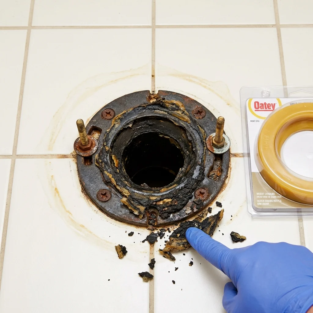 Failed wax ring showing water seepage at the base of a toilet in a Dover, PA home